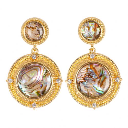 Tibetan Style Drop Earring, with Abalone Shell, Round, gold color plated, fashion jewelry & for woman & with rhinestone, 27x43mm, Hole:Approx 1mm, Sold By Pair