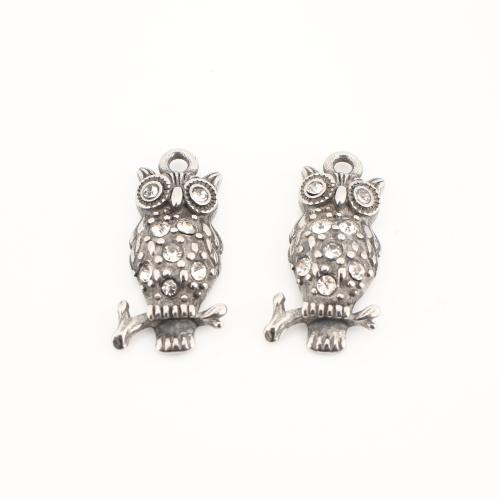 Stainless Steel Animal Pendants, 304 Stainless Steel, Owl, vintage & DIY & with rhinestone, original color, 26x10x4mm, Sold By PC
