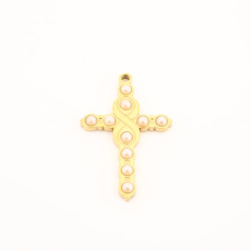 Stainless Steel Cross Pendants, 304 Stainless Steel, with Plastic Pearl, gold color plated, DIY, 32x21x3mm, Sold By PC