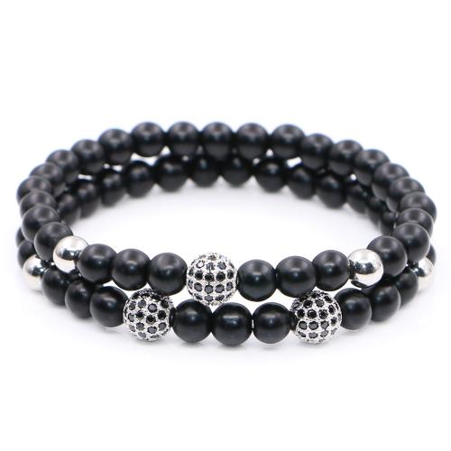 Black Stone Bracelet, Round, handmade, Unisex & micro pave cubic zirconia, more colors for choice, beads size 6mm, 8mm, Length:Approx 7 Inch, 10Pairs/Lot, Sold By Lot