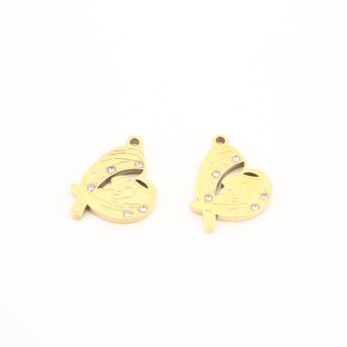 Stainless Steel Heart Pendants, 304 Stainless Steel, gold color plated, DIY & with rhinestone, 17x15x2mm, Sold By PC