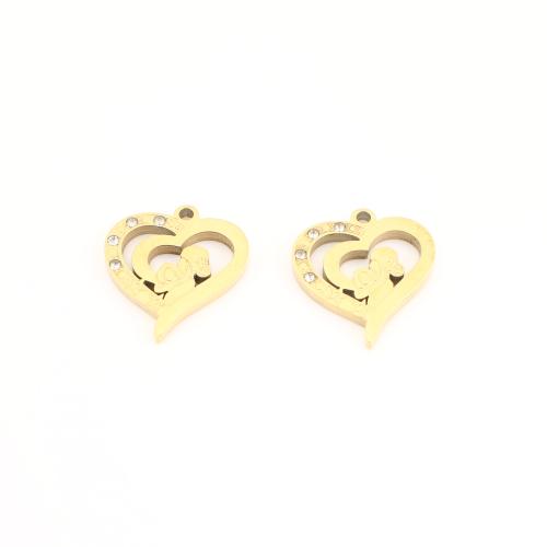 Stainless Steel Heart Pendants, 304 Stainless Steel, gold color plated, DIY & with rhinestone & hollow, 17x16x2mm, Sold By PC