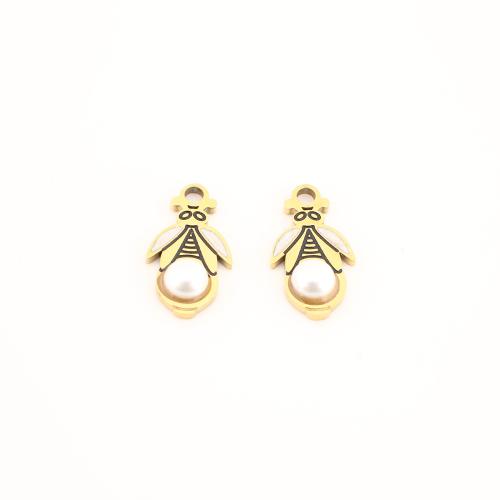 Stainless Steel Pendants, 304 Stainless Steel, with Plastic Pearl, gold color plated, DIY & enamel, 17x9x3mm, Sold By PC