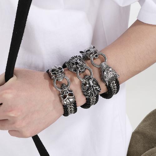 304 Stainless Steel Bracelet, with cowhide cord, Animal, plated, fashion jewelry & for man, more colors for choice, 230x20mm, Sold By PC