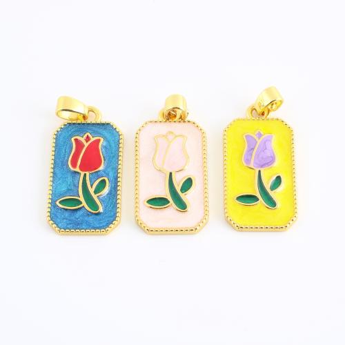 Bijoux pendentifs en laiton, rectangle, Placage de couleur d'or, DIY & avec le motif de fleurs & émail, plus de couleurs à choisir, 33x14x2mm, Vendu par PC