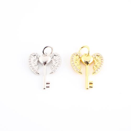 Cubique Pendentif en laiton zircon pavent, Coeur et clé, Placage, DIY & pavé de micro zircon, plus de couleurs à choisir, 20x14x3mm, Vendu par PC
