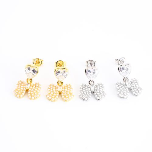 metal Pendientes con Colgantes, con Perlas plásticas, Lazo, chapado, micro arcilla de zirconia cúbica & para mujer, más colores para la opción, 19x14x15mm, Vendido por Par