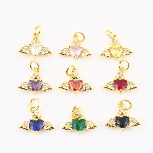 Cúbicos Circonia Colgante Latón Micro pavimenta, metal, Corazón con alas, chapado en color dorado, Bricolaje & micro arcilla de zirconia cúbica, más colores para la opción, 15x14x3mm, Vendido por UD