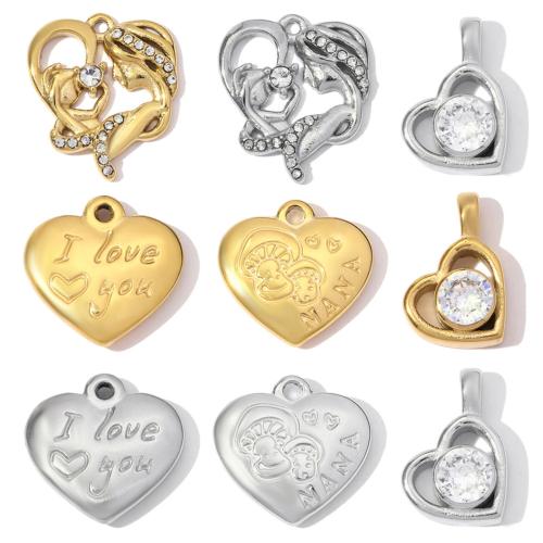 Stainless Steel Heart Pendants, 304 Stainless Steel, plated, DIY & different styles for choice & micro pave cubic zirconia & with rhinestone, 3PCs/Bag, Sold By Bag