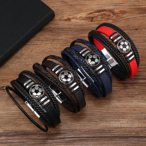 Cowhide Bracelet, with PU Leather & Tibetan Style, Football, handmade, multilayer & Unisex, more colors for choice, Length:Approx 18-23 cm, Sold By PC