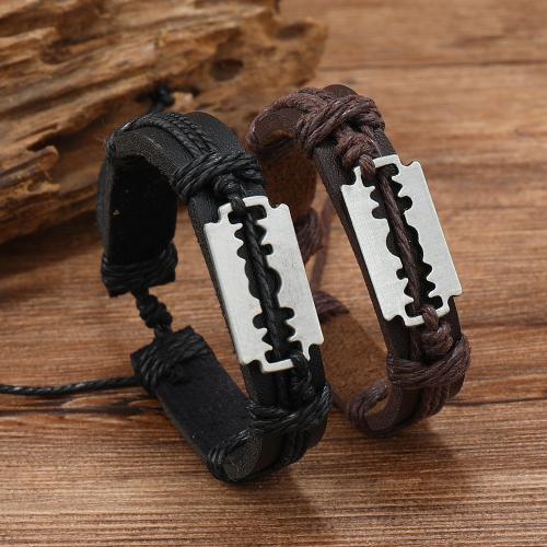 Cowhide Bracelet, with PU Leather & Wax Cord & Tibetan Style, handmade, vintage & for man, more colors for choice, Length:Approx 18-23 cm, Sold By PC