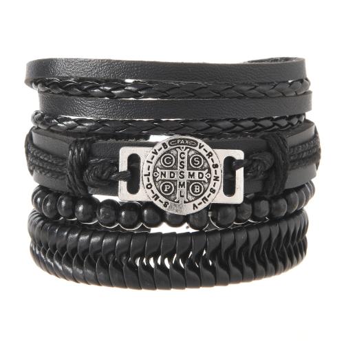 Cowhide Bracelet Set, with PU Leather & Wax Cord & Tibetan Style, handmade, vintage & multilayer & for man, Length:Approx 18 cm, Sold By Set