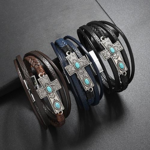 Cowhide Bracelet, with turquoise & PU Leather & Wax Cord & Tibetan Style, Cross, handmade, vintage & multilayer & for man, more colors for choice, Length:Approx 18 cm, Sold By PC