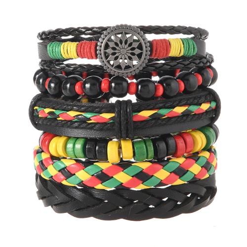 Cowhide Bracelet Set, with PU Leather & Wax Cord & Tibetan Style, handmade, vintage & multilayer & for man, multi-colored, Length:Approx 18 cm, Sold By Set