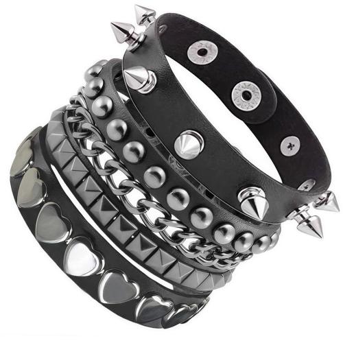 cuir PU bracelet, avec corde de cire & alliage de zinc, fait à la main, multicouche & with rivet stud & styles différents pour le choix & pour homme, noire, Longueur:Environ 18-23 cm, Vendu par PC