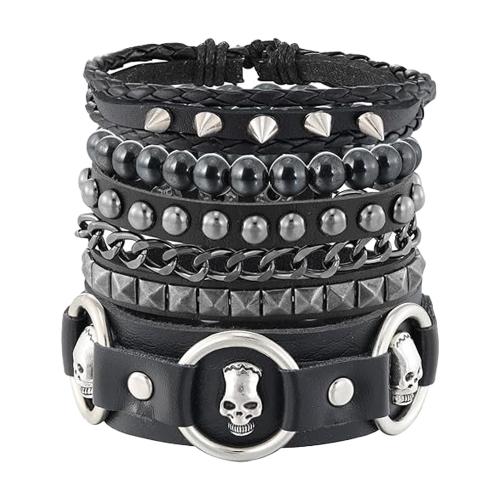 cuir de peau de vache bracelet, avec cuir PU & corde de cire & Hématite & alliage de zinc, fait à la main, with rivet stud & le style de punk & styles différents pour le choix & pour homme, noire, Longueur:Environ 18-23 cm, Vendu par PC