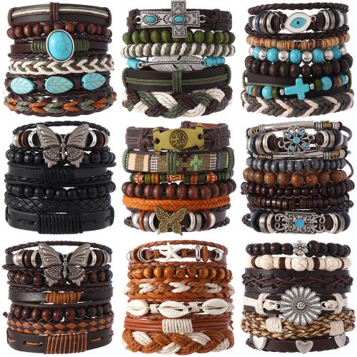 Kuhhaut Armband-Set, mit Türkis & PU Leder & Wachsschnur & Holz & Zinklegierung, handgemacht, mehrschichtig & Bohemian-Stil & unisex, keine, Länge:ca. 18-23 cm, verkauft von setzen
