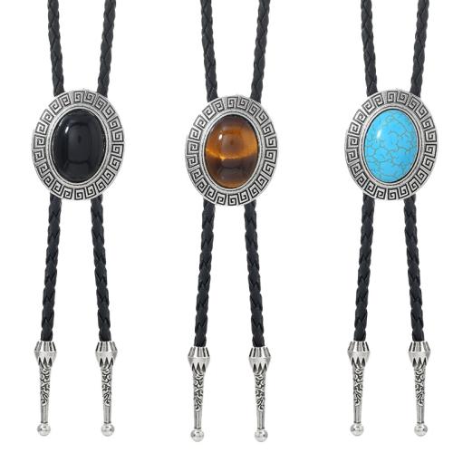 PU Leather Necklace, with Gemstone & Tibetan Style, handmade, vintage & Unisex, more colors for choice, Length:Approx 100 cm, Sold By PC