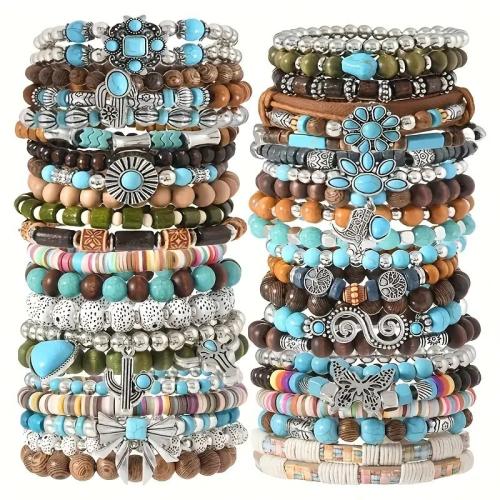 Holz Armband-Set, mit Baumwollfaden & Türkis & elastischer Faden & Zinklegierung, handgemacht, zufällig gesendet & unterschiedliche Menge zur Auswahl & mehrschichtig & unisex, farbenfroh, Innendurchmesser:ca. 55mm, verkauft von setzen