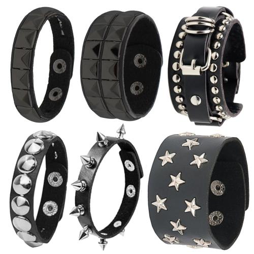 cuir PU bracelet, avec cuir de peau de vache & corde de cire & alliage de zinc, fait à la main, with rivet stud & unisexe & styles différents pour le choix, noire, Vendu par PC