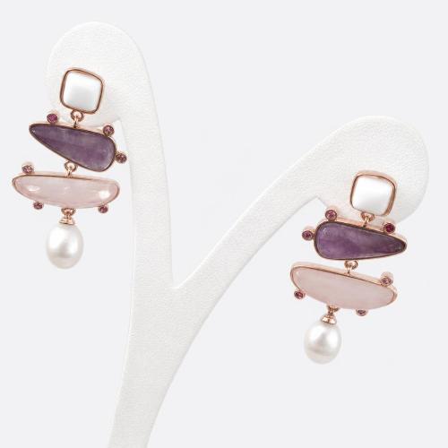 Tibetan Style Drop Earring, with Freshwater Pearl & Amethyst & Rose Quartz, Geometrical Pattern, plated, fashion jewelry & for woman, Sold By Pair