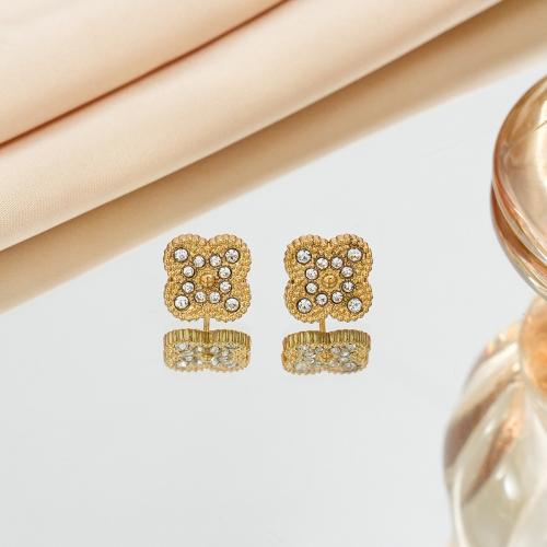 Stainless Steel Stud Earring, Four Leaf Clover, plated, fashion jewelry & for woman & with rhinestone, more colors for choice, 12Pairs/Bag, Sold By Bag