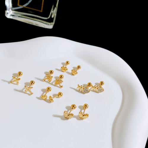 Titanium Steel Stud Earring, gold color plated, different styles for choice & for woman & with rhinestone, Sold By Pair