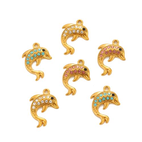 Stainless Steel Animal Pendants, 304 Stainless Steel, Dolphin, gold color plated, DIY & with rhinestone, more colors for choice, 16x22mm, Sold By PC