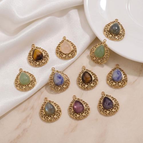Gemstone Jewelry Pendants, 304 Stainless Steel, with Gemstone, Teardrop, gold color plated, DIY & different materials for choice & hollow, 16.40x20.40mm, Sold By PC