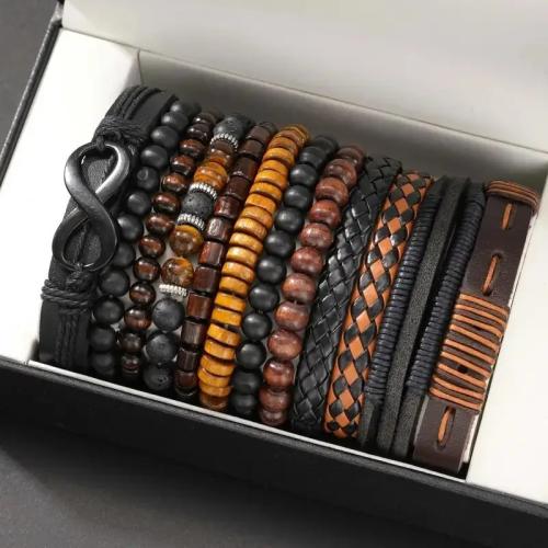 PU Leather Bracelet Set, with Coco & Wood & Tibetan Style, handmade, multilayer & Unisex, more colors for choice, Sold By Set