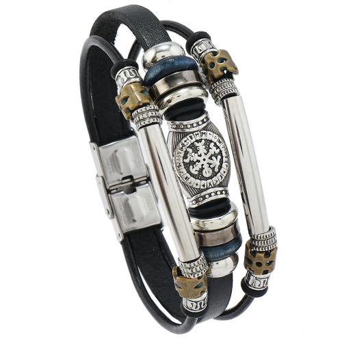 PU Leather Bracelet, with turquoise & Cowhide & Copper Coated Plastic & Tibetan Style, handmade, vintage & multilayer & Unisex, more colors for choice, Length:Approx 21.5 cm, Sold By PC