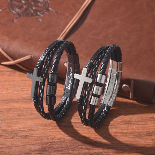 PU Leather Bracelet, with 304 Stainless Steel, Cross, plated, vintage & for man, more colors for choice, Length:Approx 19-22 cm, Sold By PC
