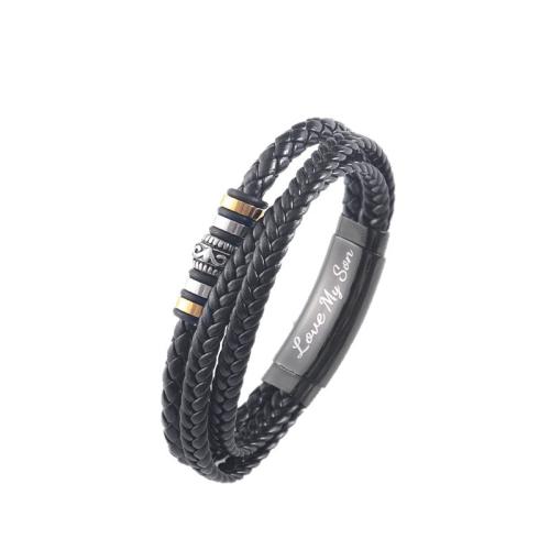 PU Leather Bracelet, with 304 Stainless Steel, vintage & multilayer & for man, black, Length:Approx 19-22 cm, Sold By PC