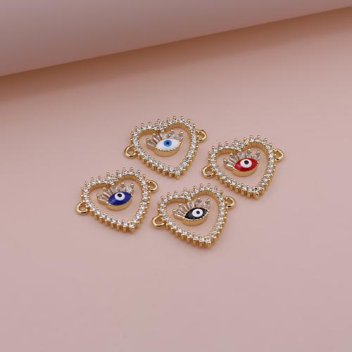 Evil Eye Connector, Brass, Heart, gold color plated, DIY & evil eye pattern & micro pave cubic zirconia & enamel, more colors for choice, 21x17mm, Sold By PC