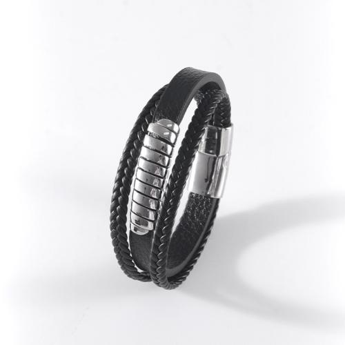 PU Leather Bracelet, with 304 Stainless Steel, multilayer & different size for choice & for man, black, Sold By PC