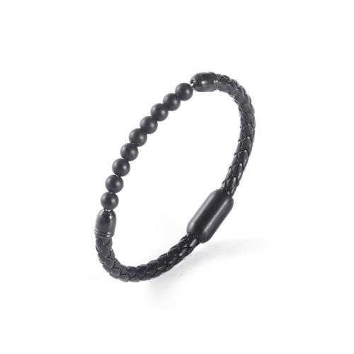 PU Leather Bracelet, with Gemstone & 304 Stainless Steel, handmade, vintage & different size for choice & for man, black, Sold By PC
