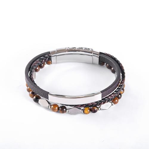 PU Leather Bracelet, with Tiger Eye & 304 Stainless Steel, polished, vintage & multilayer & for man, Length:Approx 8.5 Inch, Sold By PC