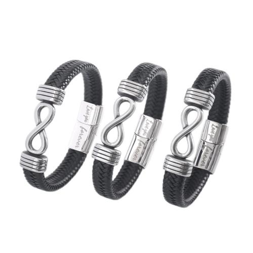 PU Leather Bracelet, with 304 Stainless Steel, Infinity, vintage & different size for choice & for man, Sold By PC
