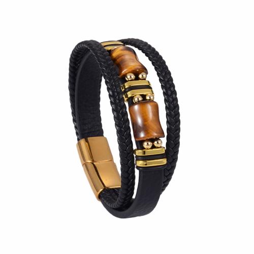 PU Leather Bracelet, with Gemstone & 304 Stainless Steel, multilayer & different size for choice & for man, Sold By Strand