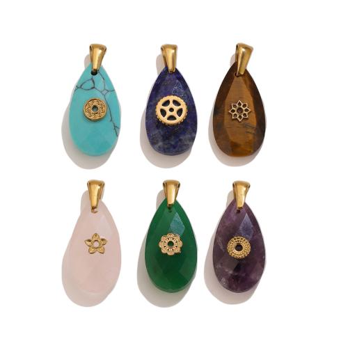 Gemstone Jewelry Pendants, 304 Stainless Steel, with Gemstone, Teardrop, gold color plated, DIY & different materials for choice, 13x30mm, Sold By PC