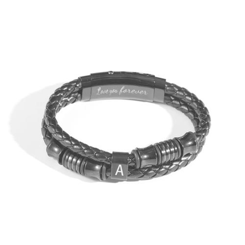 PU Leather Bracelet, with 304 Stainless Steel, plated, Double Layer & vintage & different designs for choice & for man, black, Length:Approx 19-22 cm, Sold By PC