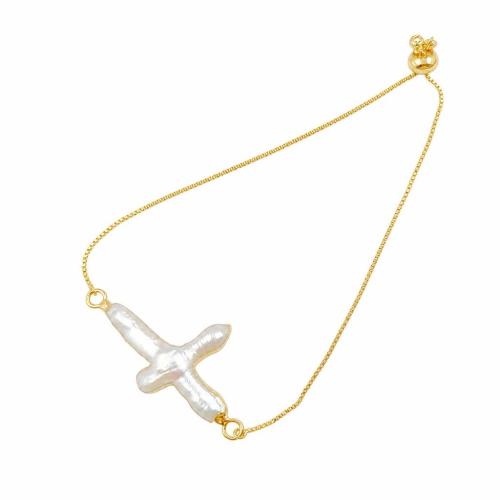 Freshwater Pearl Bracelet, with Brass, Cross, gold color plated, fashion jewelry & for woman, Length:Approx 18.5 cm, Sold By PC