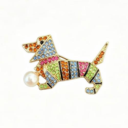 Tibetan Style Brooch, with Plastic Pearl, Dog, gold color plated, Unisex & with rhinestone, 46x28mm, Sold By PC