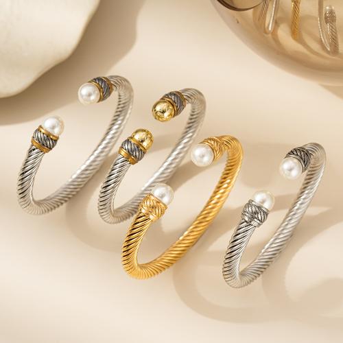 304 Stainless Steel Cuff Bangle, with Plastic Pearl, plated, fashion jewelry & for woman, more colors for choice, Sold By PC