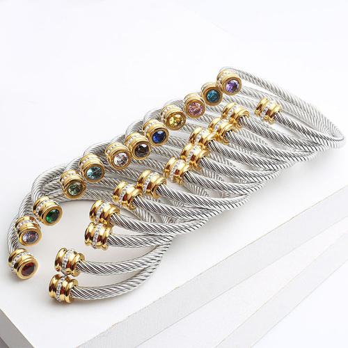 304 Stainless Steel Cuff Bangle, plated, Unisex & micro pave cubic zirconia, more colors for choice, 6mm, Inner Diameter:Approx 58mm, Sold By PC