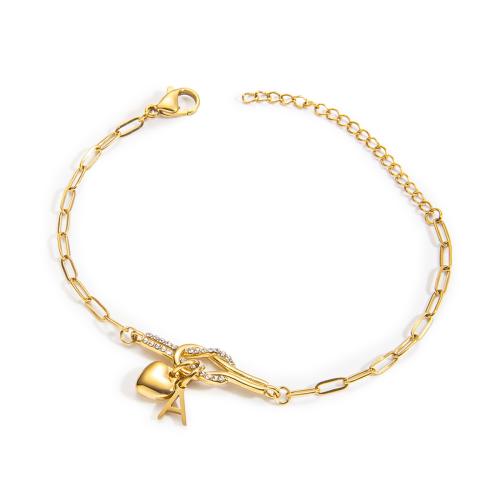 304 Stainless Steel Bracelet, with 1.97inch extender chain, Alphabet Letter, gold color plated, Unisex & different styles for choice & with rhinestone, Length:Approx 6.5 Inch, Sold By PC