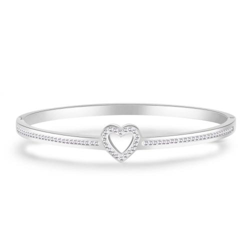 304 Stainless Steel Bangle, Heart, plated, for woman & with rhinestone & hollow, more colors for choice, Inner Diameter:Approx 60mm, Sold By PC