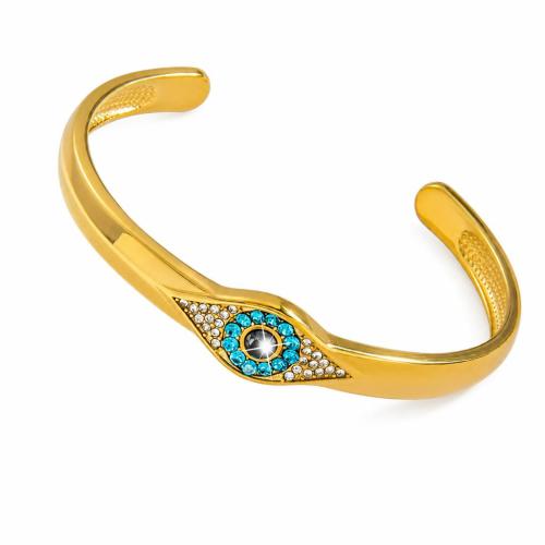 304 Stainless Steel Cuff Bangle, Evil Eye, Vacuum Ion Plating, for woman & with rhinestone, gold, Inner Diameter:Approx 60mm, Sold By PC