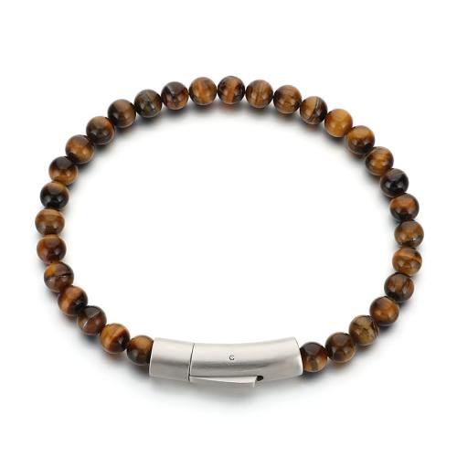 Tiger Eye Bracelet, with Titanium Steel & Natural Turquoise, Round, handmade, fashion jewelry & for man, more colors for choice, 210x6mm, Sold By PC