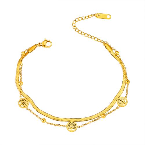 304 Stainless Steel Bracelet, with 5cm extender chain, Tree, gold color plated, Double Layer & for woman & hollow, Length:Approx 16 cm, Sold By PC